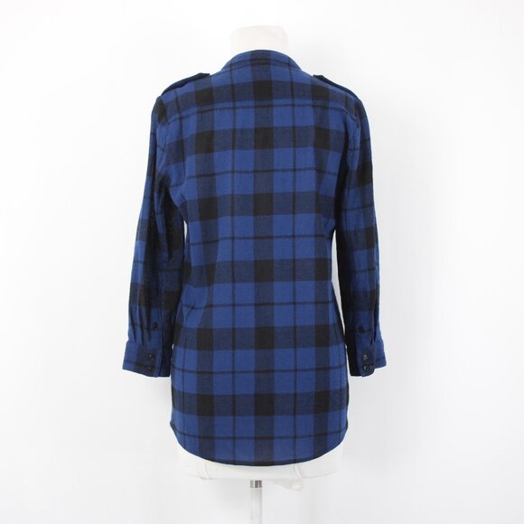 Burberry Brit Top Sz P Blue Black Plaid Buttons Pockets 100% Wool Top - Picture 7 of 12